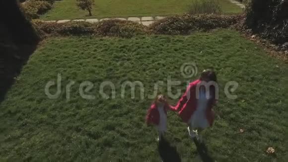 妈妈和她的小女儿在公园里散步无人驾驶飞机中弹视频的预览图