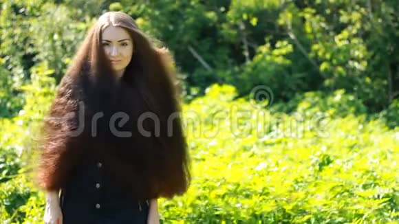 户外留长发的年轻美女哈斯特尔棕色头发的女孩的肖像视频的预览图