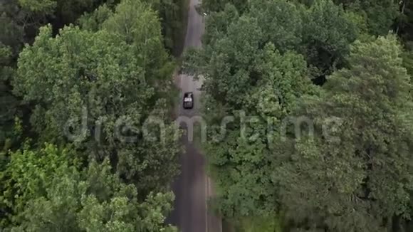 顶景黑车骑在柏油路上绿树成荫视频的预览图