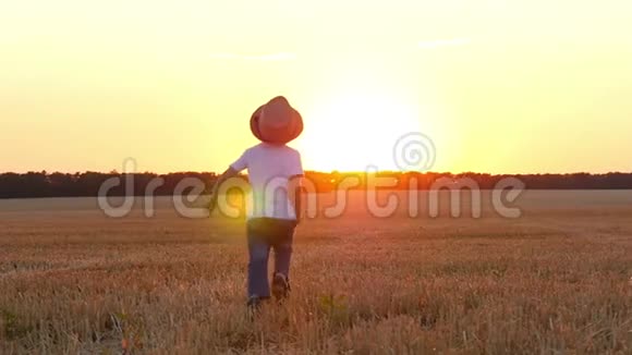 日落时一个孩子戴着草帽跑过田野视频的预览图