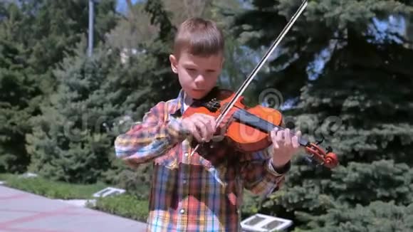 儿童男孩站在公园里拉小提琴的肖像视频的预览图