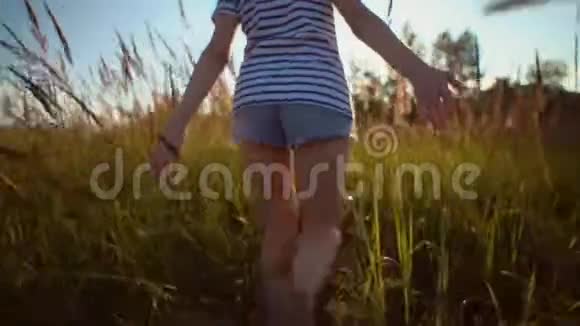 穿牛仔短裤的女孩穿过干燥的金色草地视频的预览图