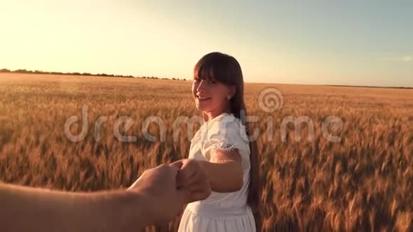 笑的女孩跑过田野小麦牵着一个男人的手金色的阳光慢动作视频的预览图