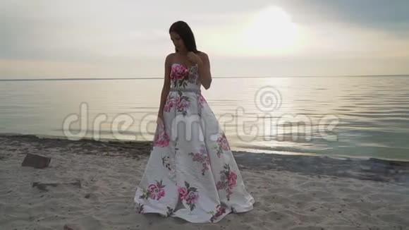 在河的背景上穿着一件长裙的浪漫黑发女人视频的预览图