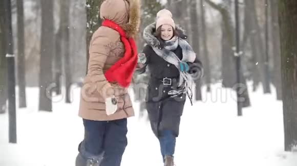 两个年轻女子在冬季公园一起玩捉迷藏玩得开心视频的预览图