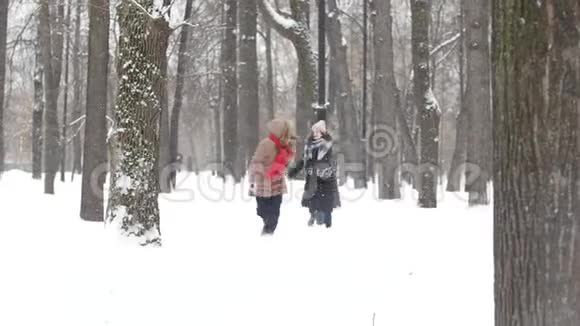 冬季公园里的两个女孩一起玩接球和雪球玩得开心视频的预览图