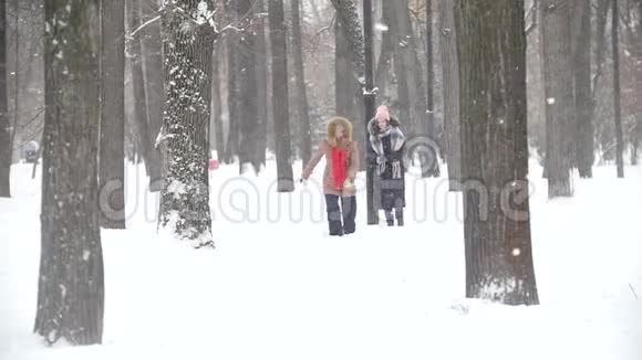 两个女孩在冬季公园一起玩捉迷藏玩得很开心慢动作视频的预览图