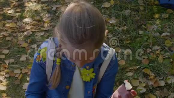 在阳光明媚的日子里城市公园里的女孩在吃甜甜饼视频的预览图
