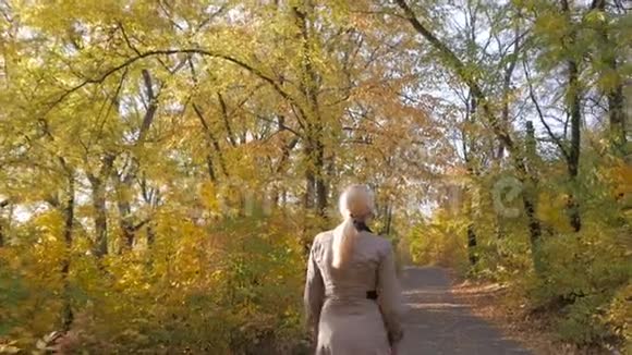 一个女人走过秋天的公园从后面看视频的预览图