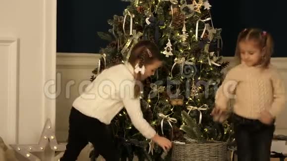 小女孩编织毛衣在圣诞树上挂装饰品视频的预览图