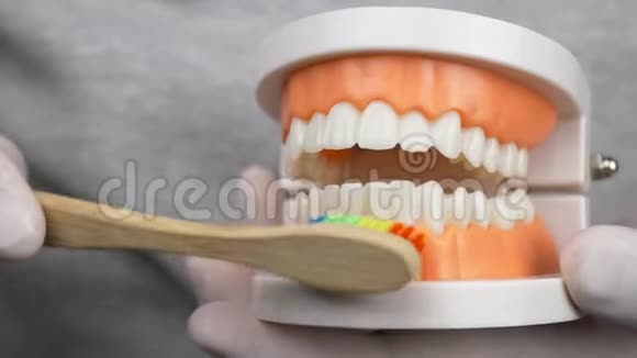 戴白手套的牙医教授如何刷牙视频的预览图