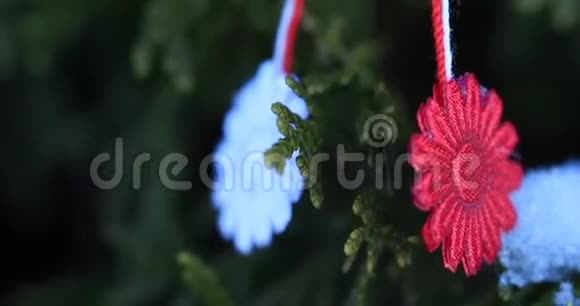 罗马尼亚语和摩尔达维亚语的春天符号三色元素绿色自然背景上的马提索马尔蒂索是红白相间的视频的预览图