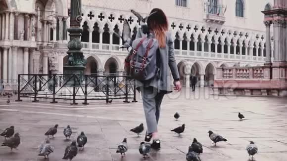 后景欢乐时尚女游客漫步在圣宏广场鸽子坐在威尼斯慢动作视频的预览图