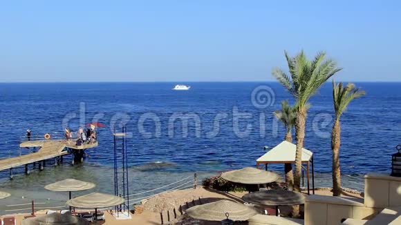 珊瑚海滩与码头和船红海附近的珊瑚礁埃及沙姆沙伊赫视频的预览图