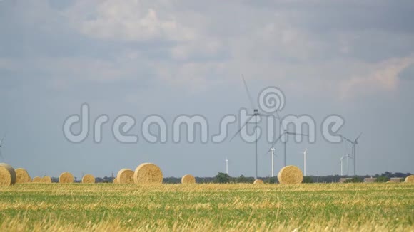 绿色麦田在运动与风力涡轮机的背景视频的预览图