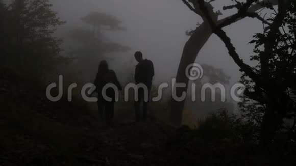 带着背包的游客沿着山坡穿过阴沉的雾蒙蒙的森林视频的预览图