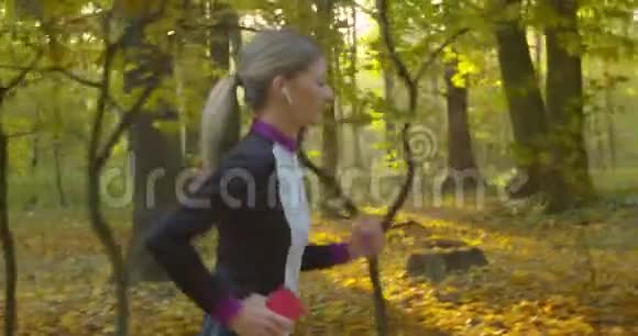 年轻迷人的女人在城市公园跑步时用耳机听音乐视频的预览图
