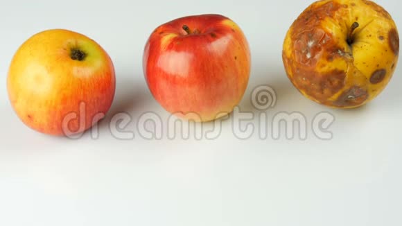 腐烂变质的成熟苹果和两个成熟的苹果在白色的背景视频的预览图