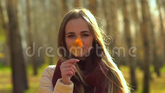 秋天公园里年轻迷人的女孩在脸上玩树叶视频的预览图