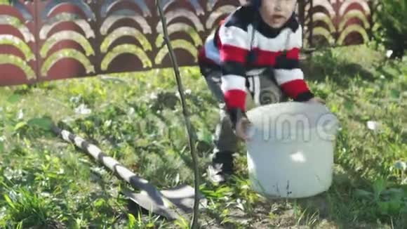 一个小孩子用水桶里的水浇树树苗视频的预览图