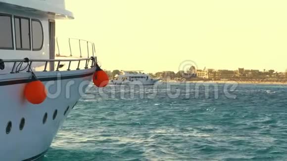 海日景观游艇出海湾抛锚特写白色游艇板与游艇航行帆船在视频的预览图
