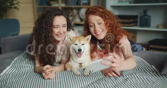 漂亮的女孩和可爱的狗一起自拍一起用智能手机沙发视频的预览图