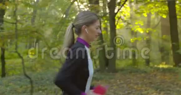年轻迷人的女人在城市公园跑步时用耳机听音乐视频的预览图
