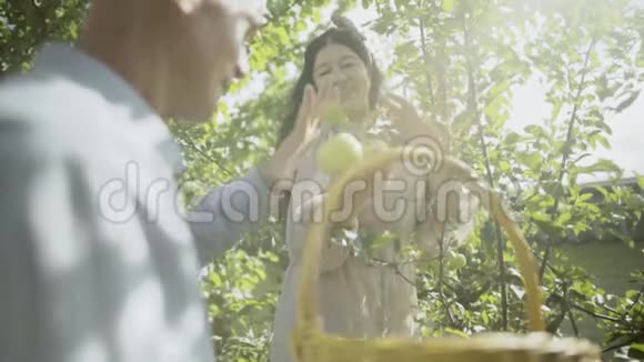 微笑的成年女人把两个苹果递给她的丈夫慢动作视频的预览图