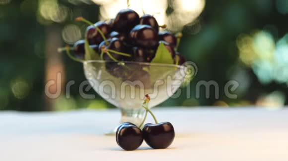 从樱桃到花瓶的选择性聚焦玻璃花瓶里的樱桃花瓶里的水果视频的预览图