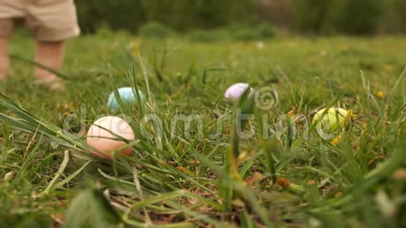 在幼儿收集鸡蛋的脚背景下在草地上特写复活节彩蛋复活节彩蛋狩猎视频的预览图