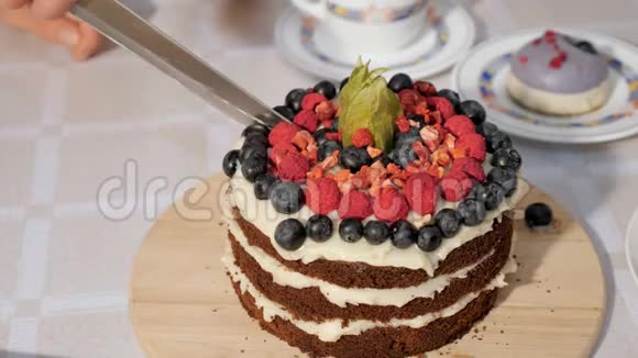 女人切一块生日自制的巧克力蛋糕蛋糕上有奶油和海绵蛋糕层层装饰着新鲜浆果视频的预览图