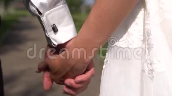 新郎大自然的景色背景下牵着新娘的手慢动作视频的预览图