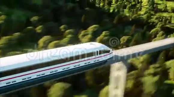 未来派现代列车通过单轨生态未来概念空中自然景观真实感4K视频的预览图