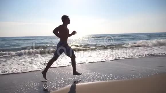 早上在海边跑步的运动青年在阳光明媚的日子里运动员沿着海岸慢跑男运动员视频的预览图