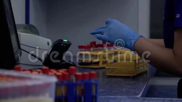 女性双手戴蓝色橡胶手套把试管放在试管架上进行研究视频的预览图