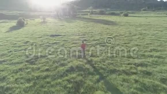 飞越运动男子跑在完美的绿色草地农村草地越野在山上日落原始的平色没有视频的预览图