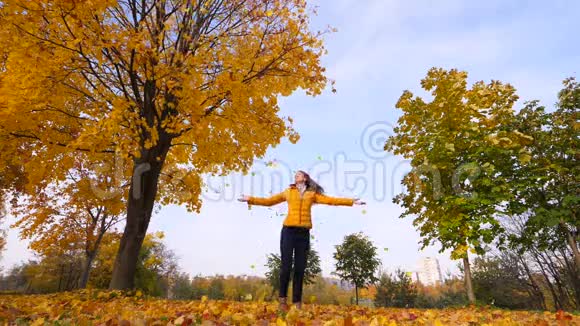 女人在黄色的落叶下跳舞视频的预览图