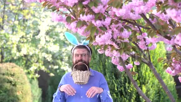 穿着复活节兔子的人耳朵和鸡蛋在盛开的自然背景上穿着小兔子的兔女郎视频的预览图