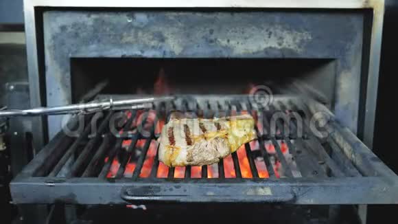 烧烤派对在明火上放松烹饪猪肉牛排或牛肉特写视频的预览图