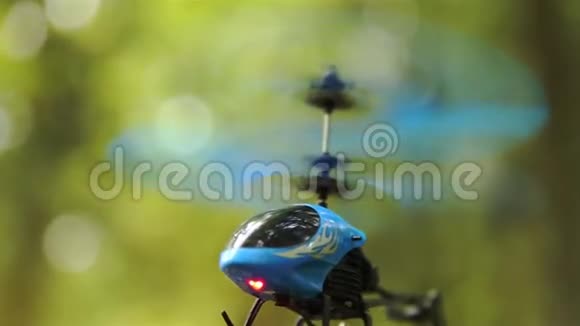 蓝色RC直升机在森林公园地区空中盘旋视频的预览图