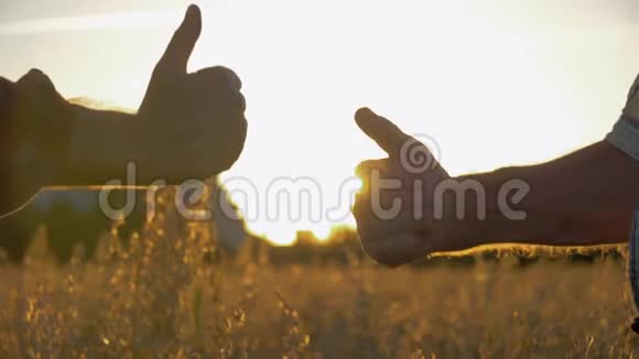 两个人的特写镜头在农场的夕阳下竖起大拇指视频的预览图