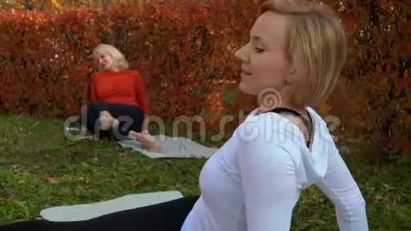 在秋季公园的地毯上女子运动训练伸展运动城市户外课堂练习体式瑜伽的女性视频的预览图