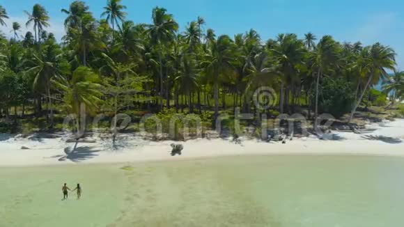热带海岸白色沙滩绿松石水和棕榈树中间旅行夫妇的鸟瞰图视频的预览图