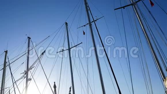 站在港口的船只桅杆的全景太阳下的游艇视频的预览图