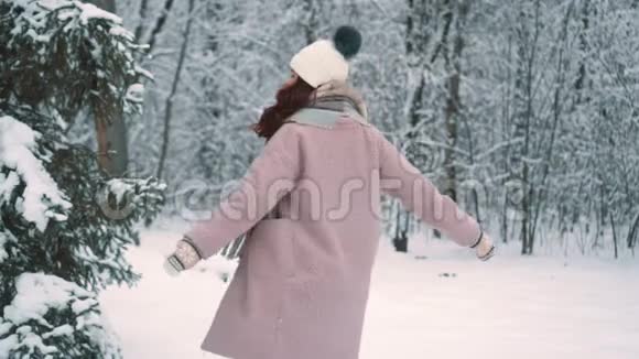 欢乐的雌鸟在冬林中旋转视频的预览图