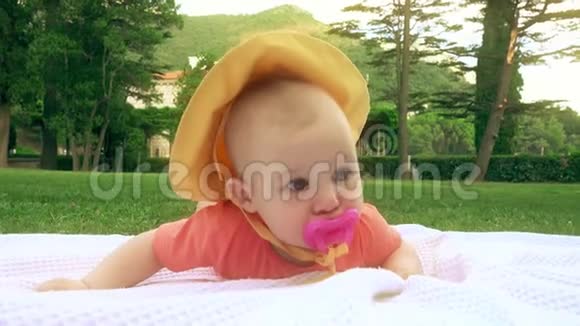 可爱的婴儿粉红色的奶嘴放在草地上的毛巾上视频的预览图