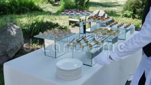为庆祝活动聚会和婚礼的自助餐在他们的鱼和肉鱼镜的盘子上布置小吃视频的预览图