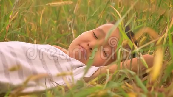 快乐的亚洲男孩睡在绿色的田野上享受夏天视频的预览图