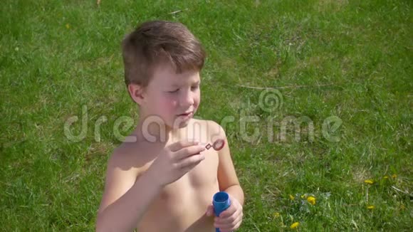 小男孩在绿色草地上吹肥皂泡慢点视频的预览图