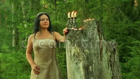 树林中的一位神秘的仙女站在一个大树桩上手里拿着蜡烛视频的预览图